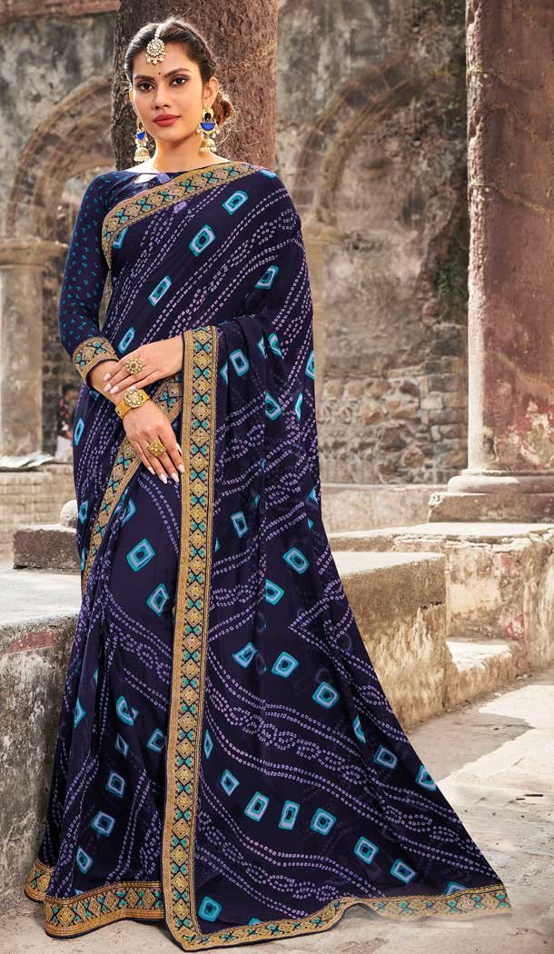 Navy Blue Color Georgette Designer Bandhani Style Saree -8487102465