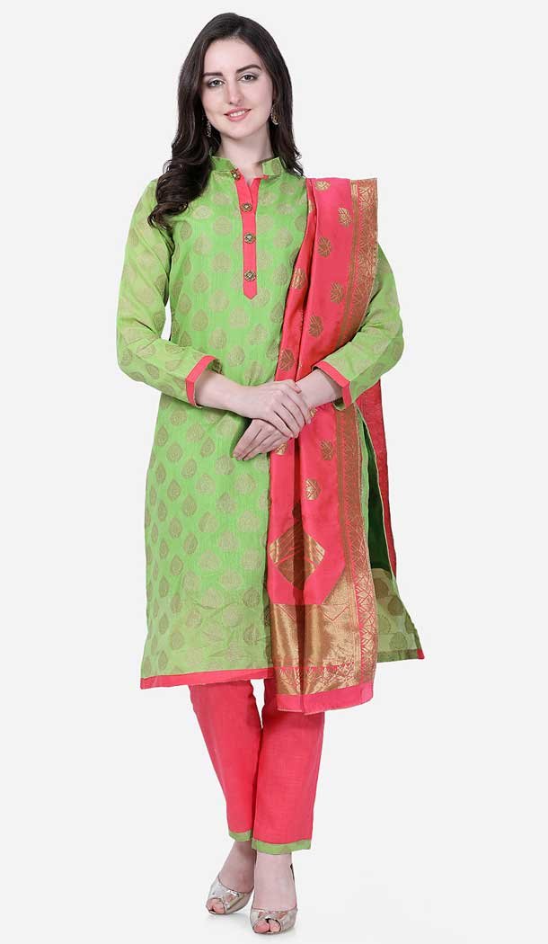 Green Color Chanderi Cotton Casual Wear Salwar Kameez -8579103324