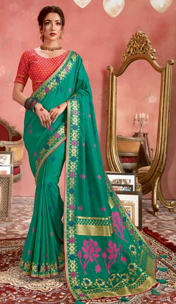 Green Color Jacquard Banarasi Silk Casual Wear Saree -8590103431