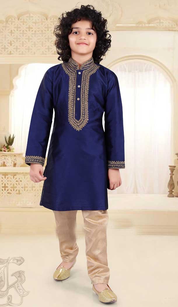 Navy Blue Color Silk Kids Boy Readymade Designer Kurta Pajama -8571103255