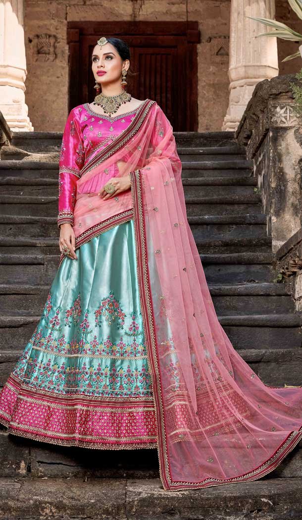 Sky Blue Color Pure Satin Designer Wedding Wear Women Lehenga Choli -8643103912