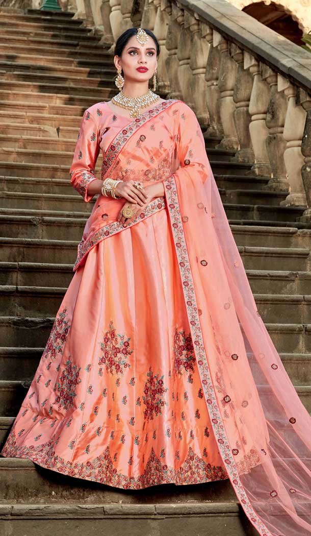 Peach Color Pure Satin Designer Wedding Wear Women Lehenga Choli -8643103916