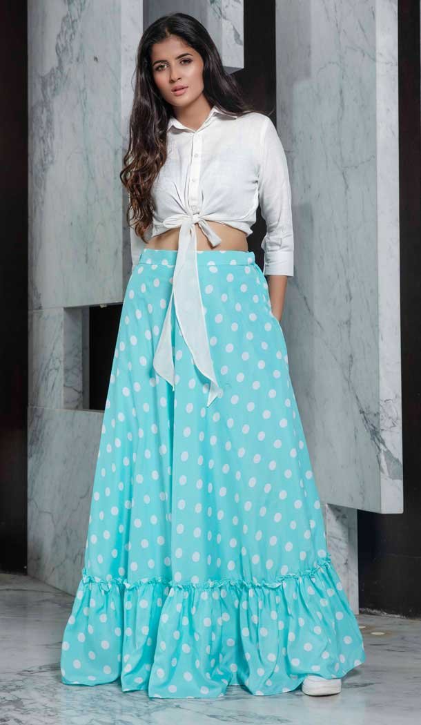 Sky Blue Color Crepe Fancy Party Wear Ready Made Indo Western Crop Top -8653104022