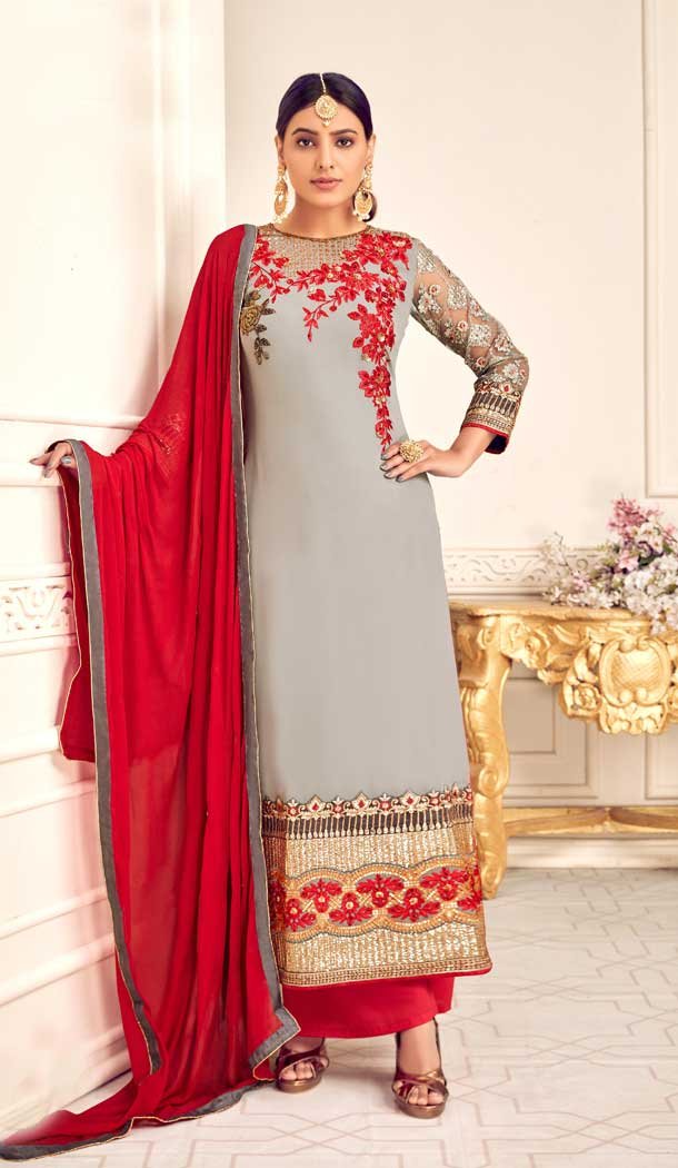 Ravishing Steel Grey Color Viscos Georgette Party Wear Palazzo Salwar Suit -8665104096