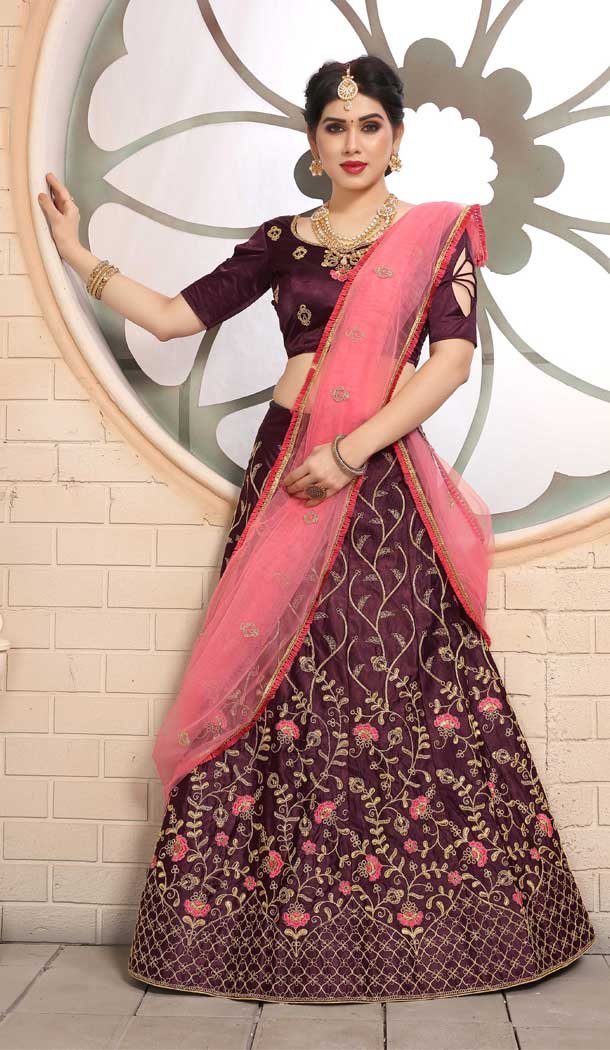 Sparkling Wine Color Pure Satin Traditional Party Wear Ladies Lehenga Choli -8717104518