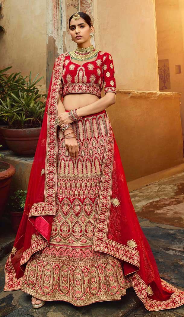 Chic Red Color Pure Velvet Traditional Bridal Wedding Wear Lehenga Choli -8737104660