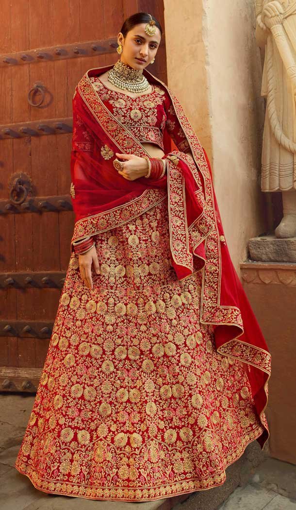 Ethnic Red Color Pure Velvet Traditional Bridal Wedding Wear Lehenga Choli -8737104661