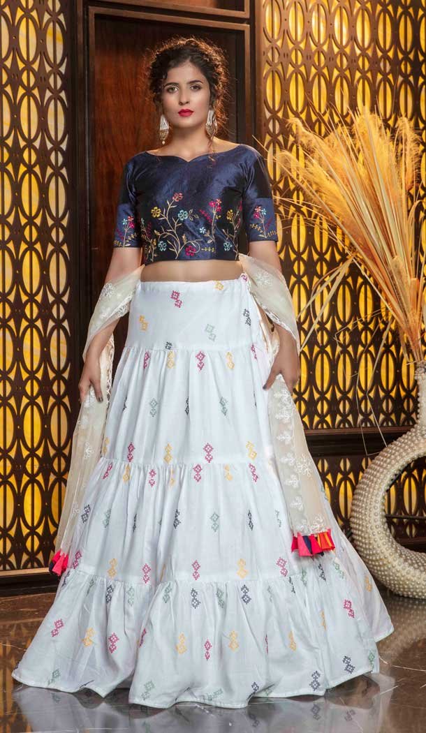 White Color Cotton Designer Fancy Party Wear Ladies Lehenga Choli -8779105013