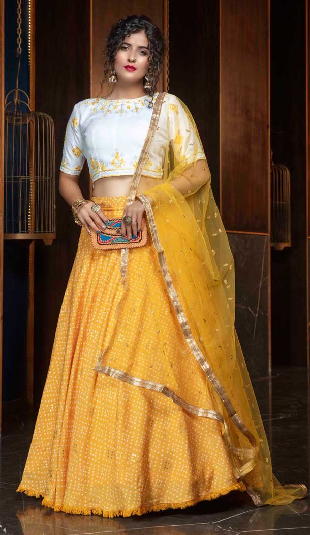 Mustard Yellow Color Cotton Designer Fancy Party Wear Ladies Lehenga Choli -8779105015