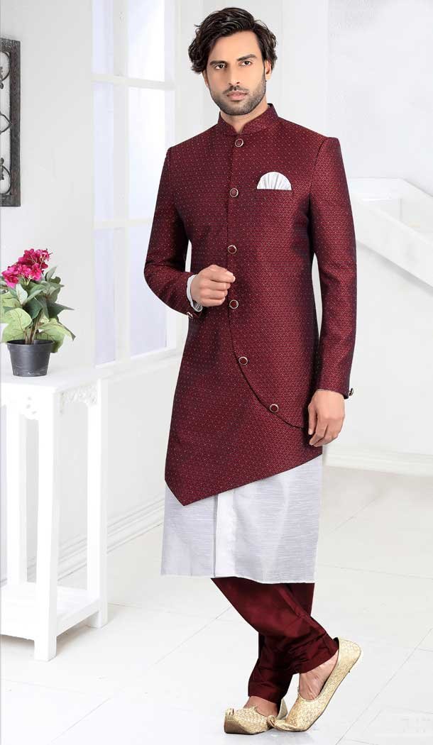 Melodic Maroon Color Jacquard Readymade Indo-Western Men Sherwani -8645103931