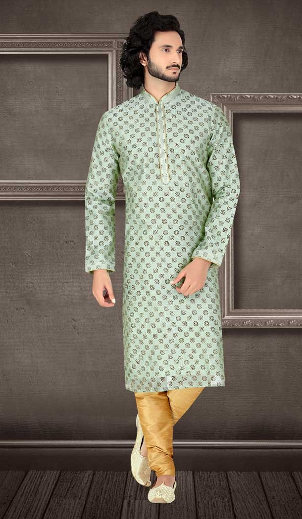 Sea Green Color Block Printed Kora Readymade Fancy Kurta Pajama For Men -8648103969