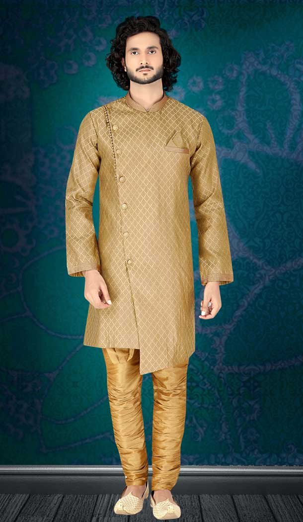 Gleaming Beige Color Jacquard Readymade Fancy Kurta Pajama For Men -8648103970
