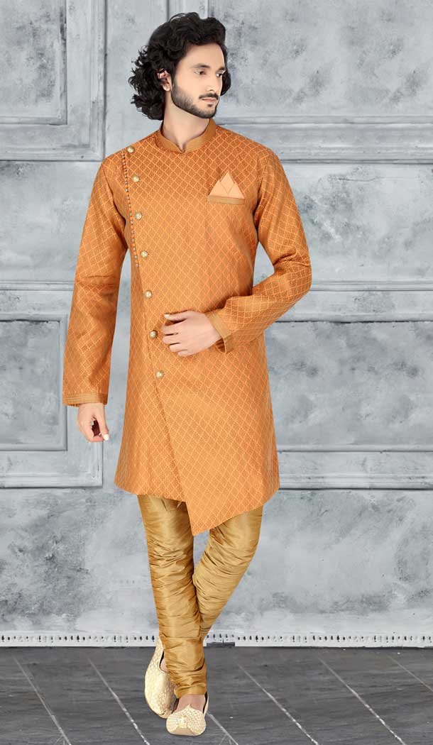 Marvelous Orange Color Jacquard Readymade Fancy Kurta Pajama For Men -8648103971