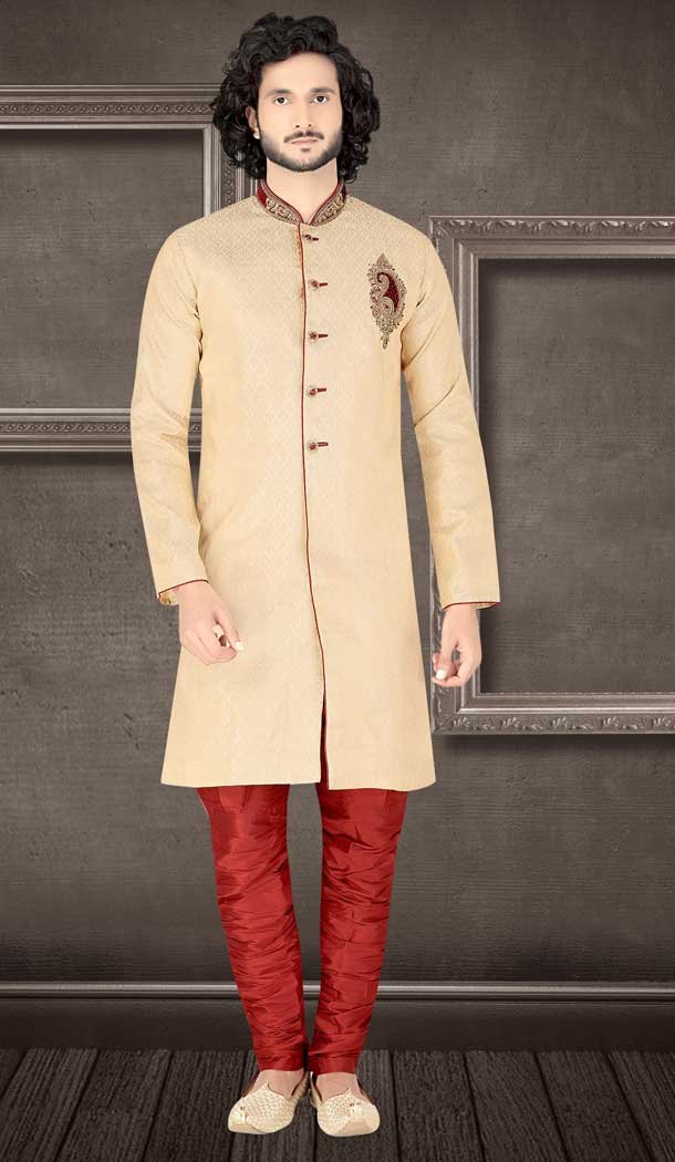Unique Cream Color Jacquard Readymade Fancy Kurta Pajama For Men -8648103980