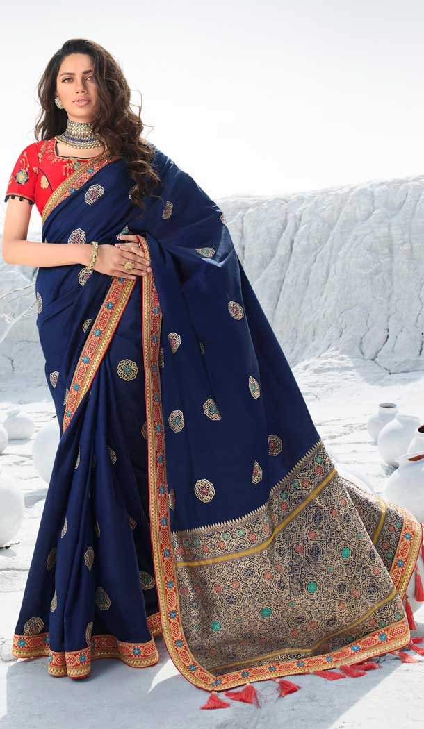 Navy Blue Color Silk Heavy Designer Traditional Wear Saree Blouse -8698104391