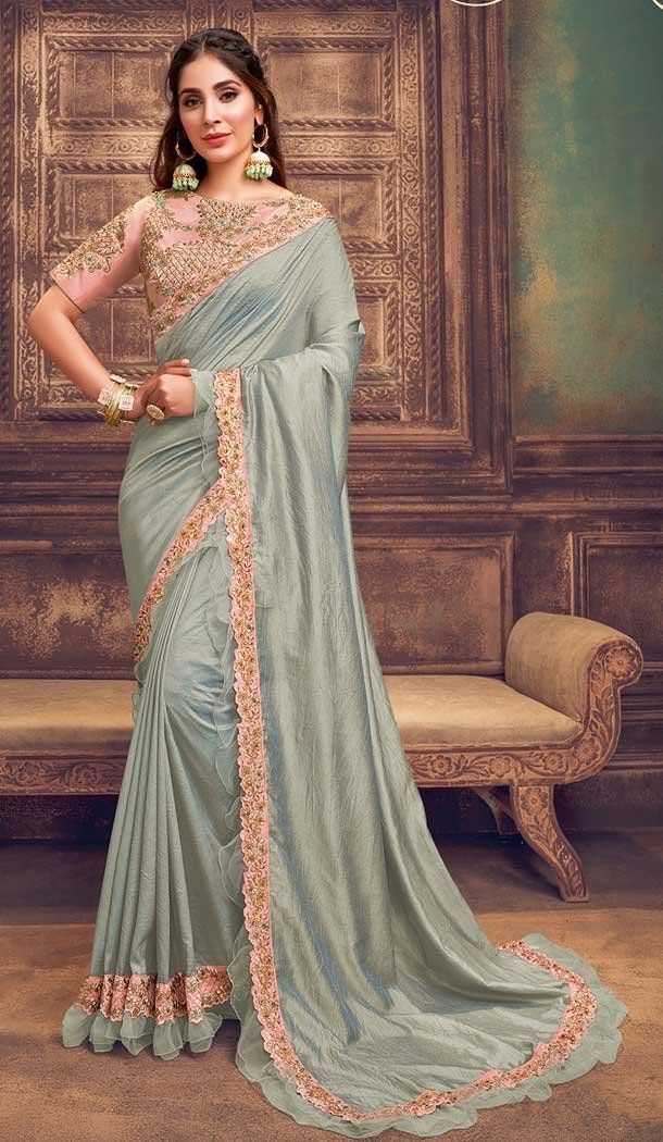 Silver Color Silk Georgette Designer Party Wear Saree Blouse -8745104719