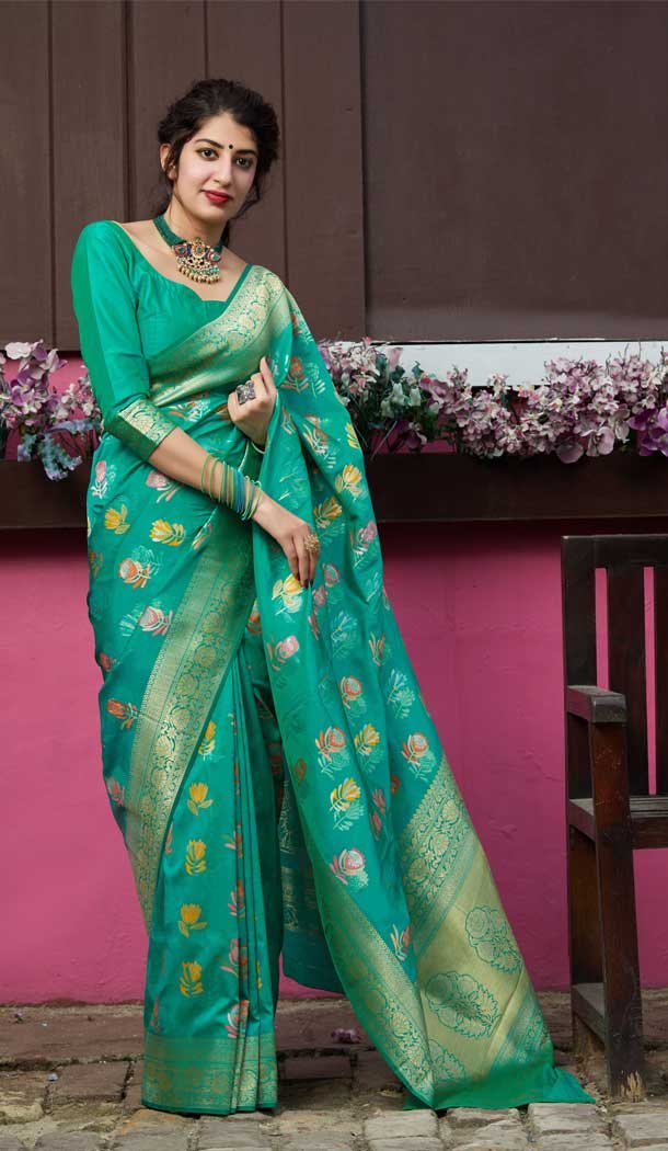 Rama Green Color Soft Silk jacquard work Designer Party Wear Saree Blouse -8761104850