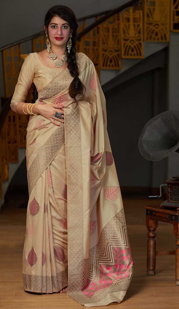 Adorable Beige Color Soft Silk jacquard work Designer Party Wear Saree Blouse -8761104862