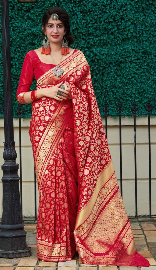 Flamboyant Red Color Soft Silk jacquard work Designer Party Wear Saree Blouse -8761104863