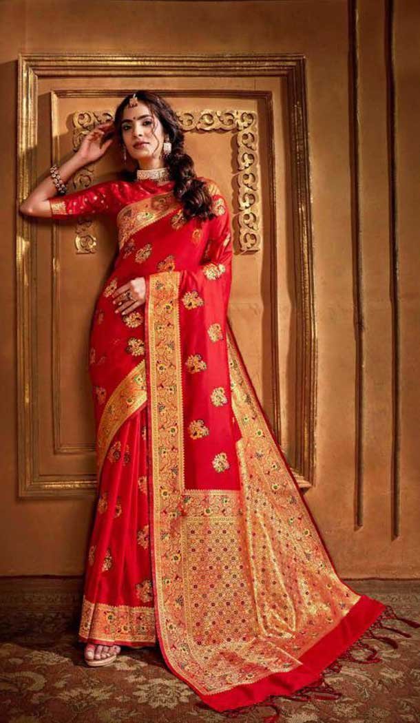 Plushy Red Color Silk Weaving With Jacquard Work Designer Saree Blouse -8765104904