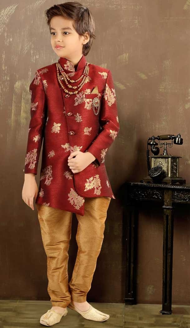 Maroon Color Fancy Heavy Jacquard Designer Ready Made Kids Boy Sherwani -8809105270