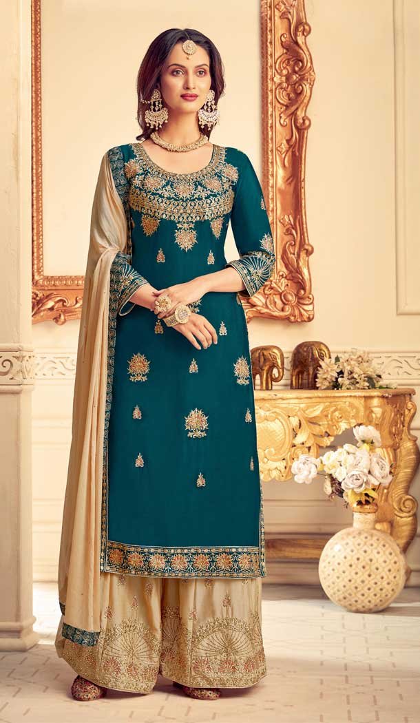 Rama Green Color Pure Chinon Designer Party Wear Palazzo Salwar Suit -8817105318