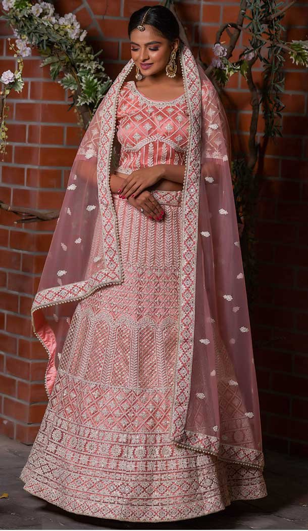Peach Color Net Heavy Designer Bridal Wedding Wear Women Lehenga Choli -8819105328