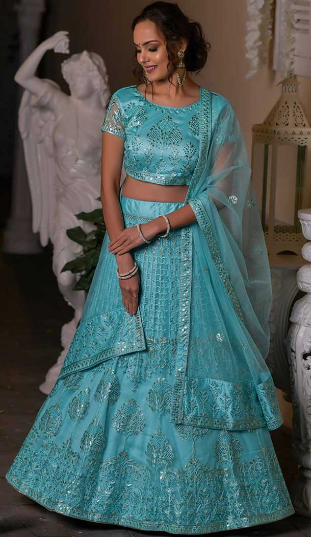 Sky Blue Color Net Heavy Designer Bridal Wedding Wear Women Lehenga Choli -8819105333