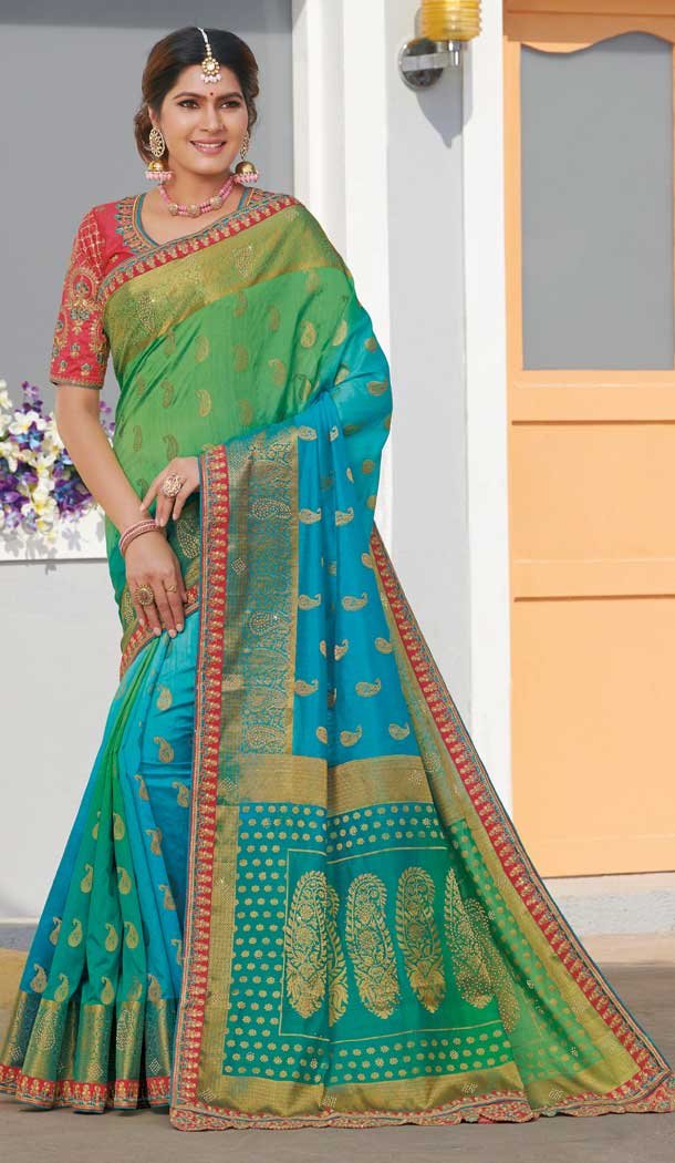 Pretty Multi Color Raw Silk Designer Traditional Wear Saree Blouse -8880105888