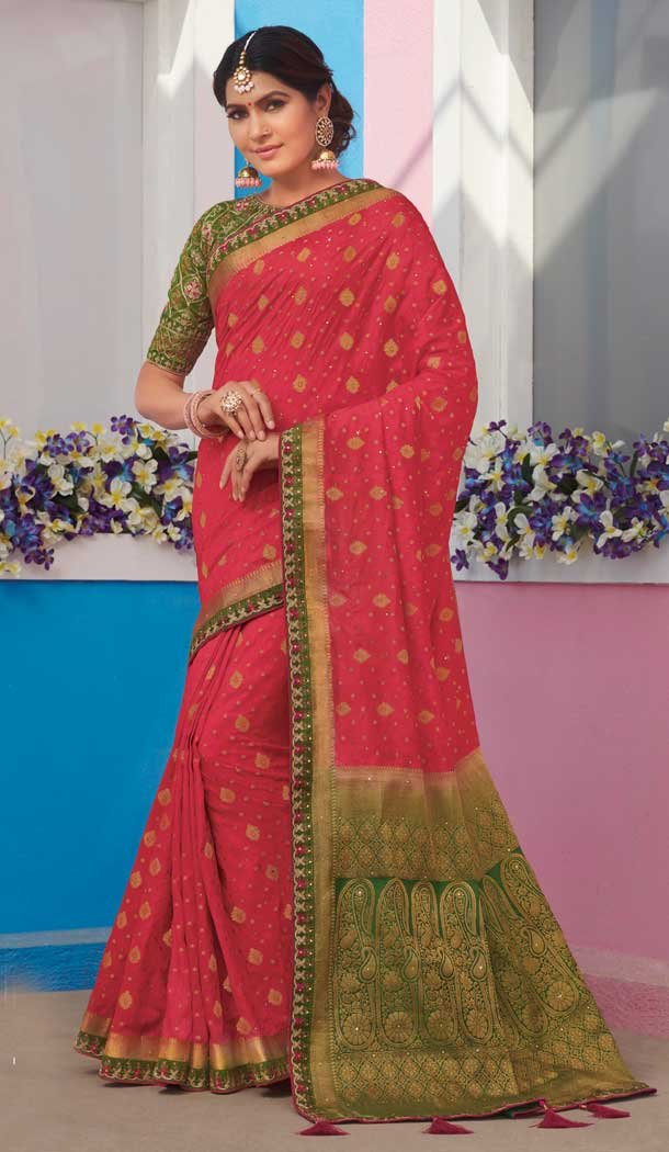 Redish Pink Color Raw Silk Designer Traditional Wear Saree Blouse -8880105889