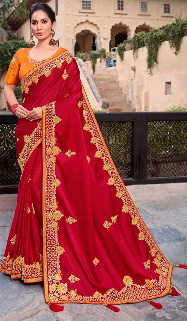 Red Color Modal Satin Embroidery Heavy Designer Saree Blouse -8893106074