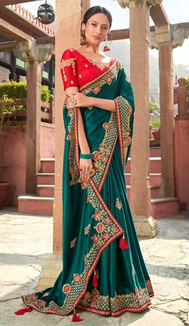 Green Color Modal Satin Embroidery Heavy Designer Saree Blouse -8893106075
