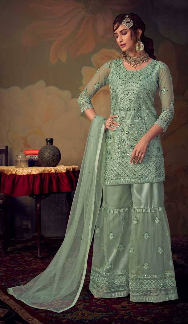 Pista Color Net Designer Heavy Embroidery Party Wear Women Sharara Suit -8903106164