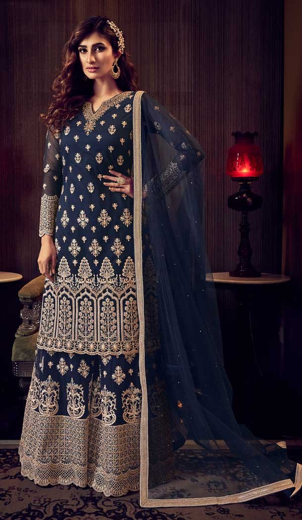 Navy Blue Color Butter Fly Net Designer Party Wear Heavy Sharara Suit -8962106723