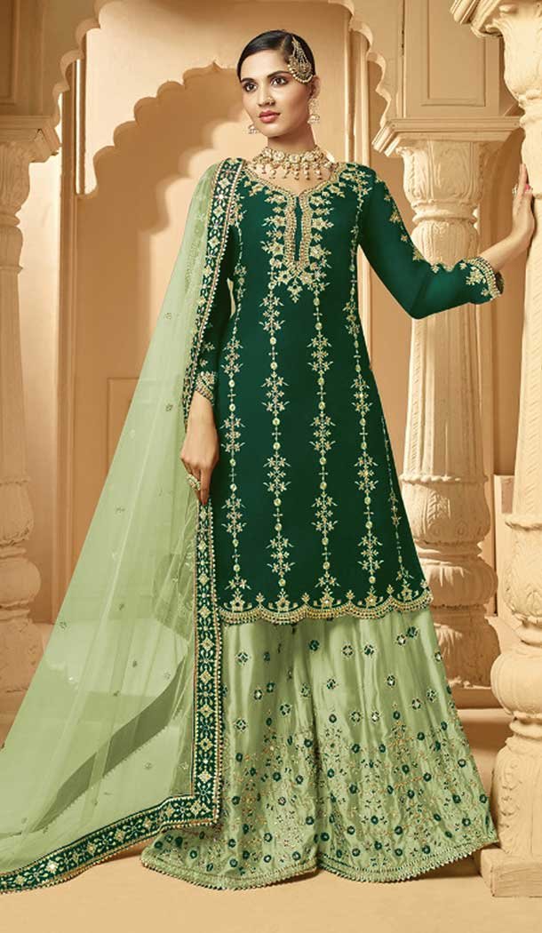 Green Color Faux Georgette Heavy Designer Party Wear Palazzo Suit -9015107437
