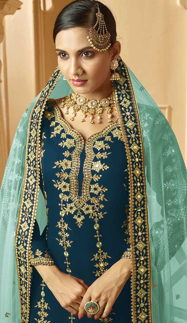 Teal Blue Color Faux Georgette Heavy Designer Party Wear Palazzo Suit -9015107440