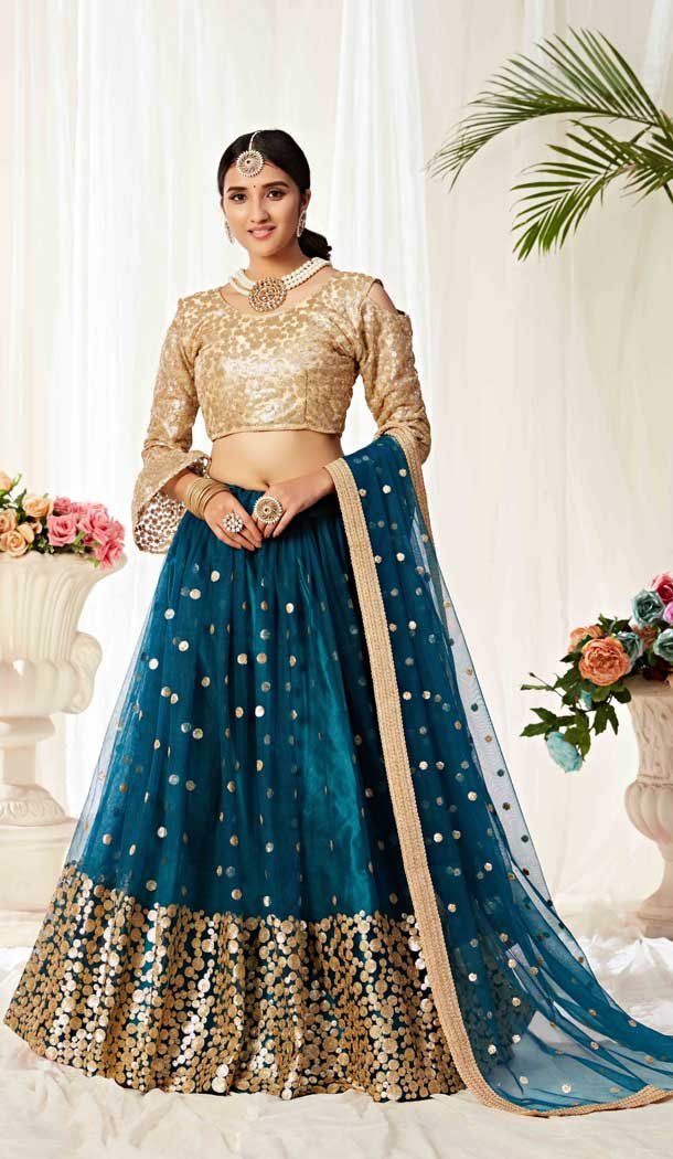 Rama Blue Color Heavy Net Traditional Wedding Party Wear Lehenga Choli -9034107717