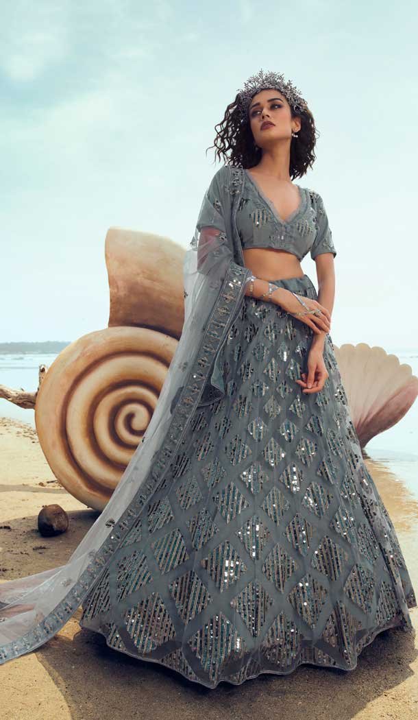 Exotic Grey Color Soft Net Designer Party Wear Women Lehenga Choli -9171108841