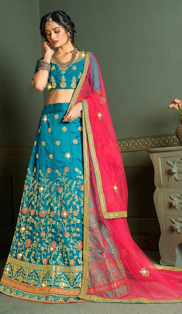 Sky Blue Color Silk Heavy Embroidered Work Women Party Lehenga Choli -9192109000