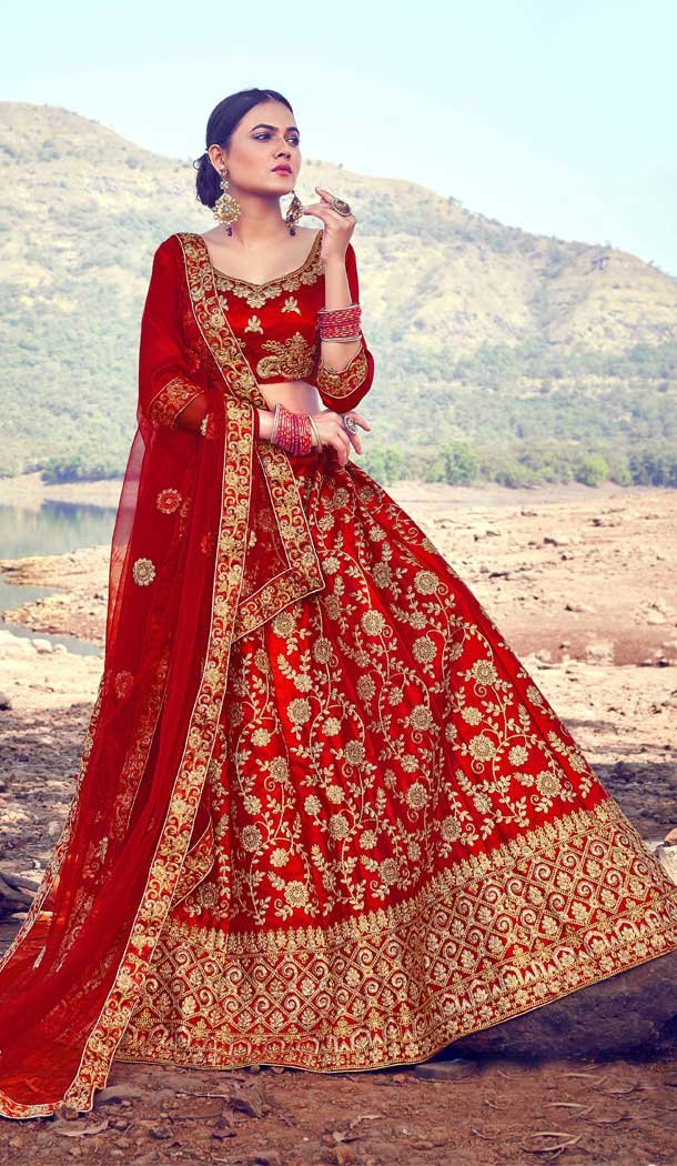 Red Color Silk Heavy Embroidered Heavy Designer Wear Lehenga Choli -9195109027