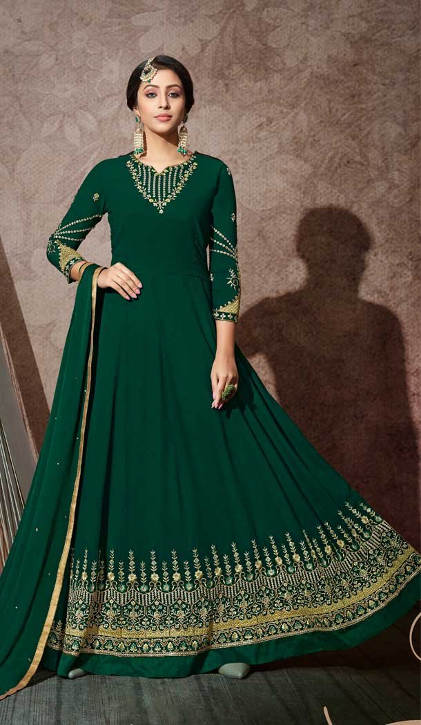 Green Color Georgette Designer Party Wear Full Length Aanarkali Suit -9221109326