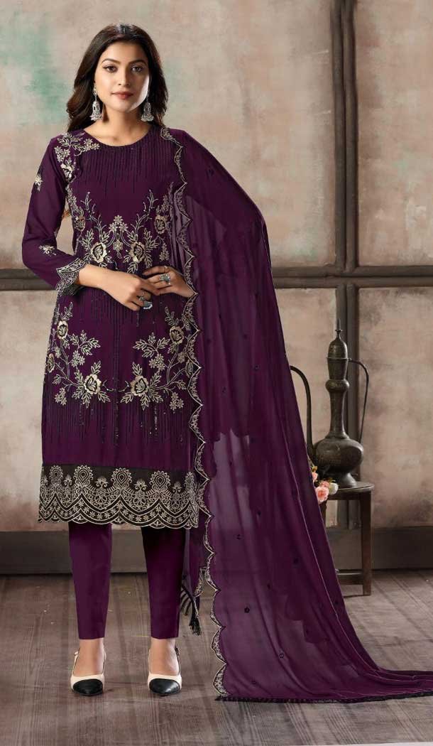 Gleaming Purple Color Foux Georgette Party Wear Churidar Salwar Suit -9228109373