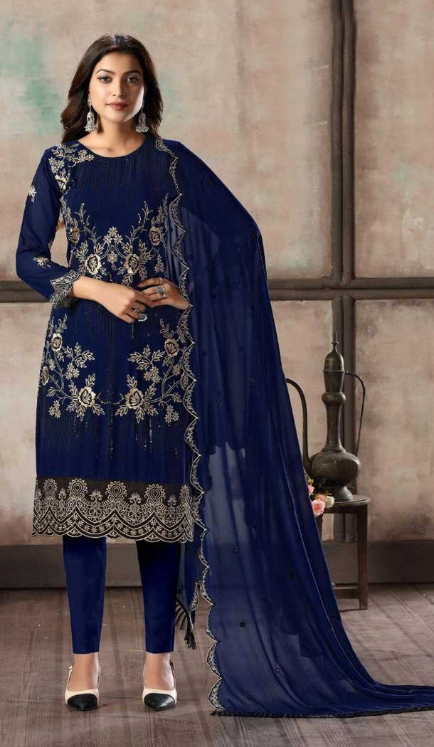 Flamboyant Blue Color Foux Georgette Party Wear Churidar Salwar Suit -9228109374
