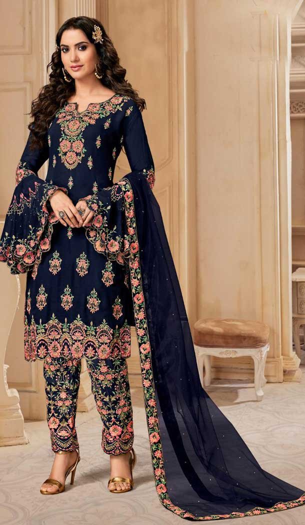 Navy Blue Color Bluming Georgette Designer Party Wear Salwar Suit -9229109376