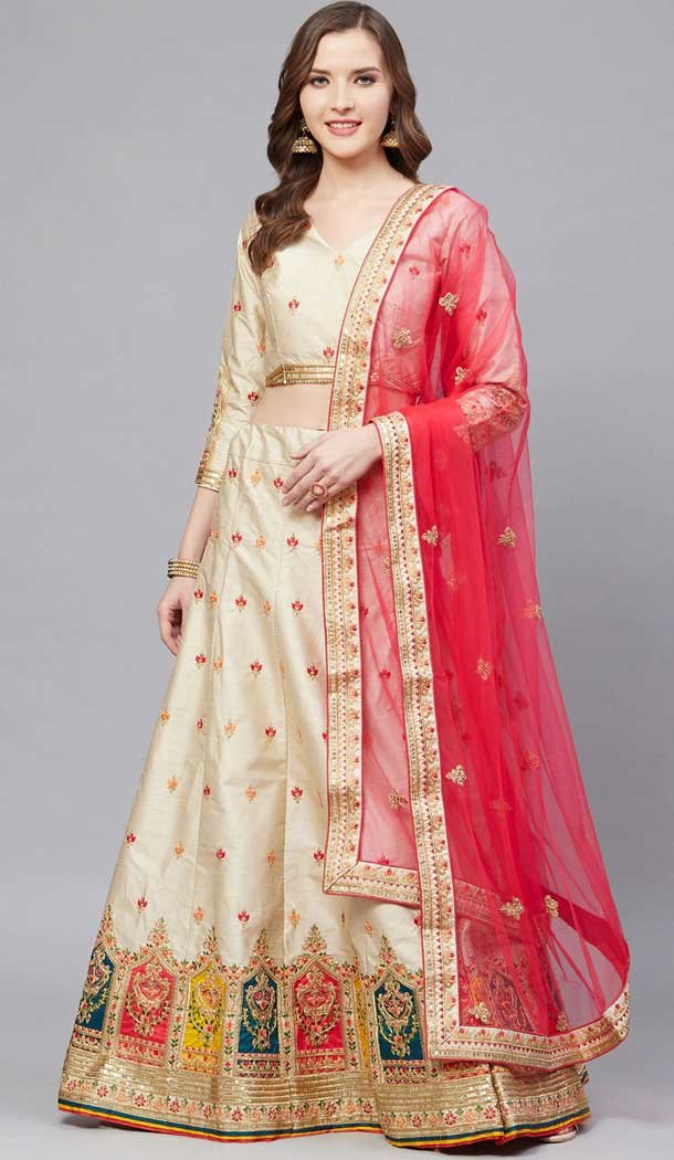 Beige Color Silk Blend Embroidery Designer Party Wear Lehenga Choli -9238109443