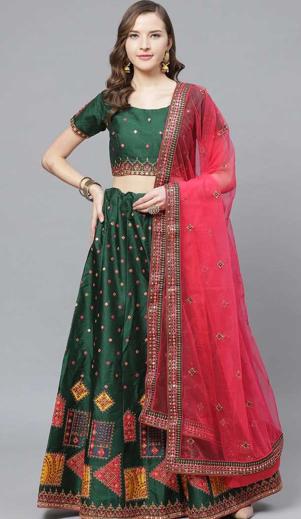 Green Color Silk Blend Embroidery Designer Party Wear Lehenga Choli -9238109451