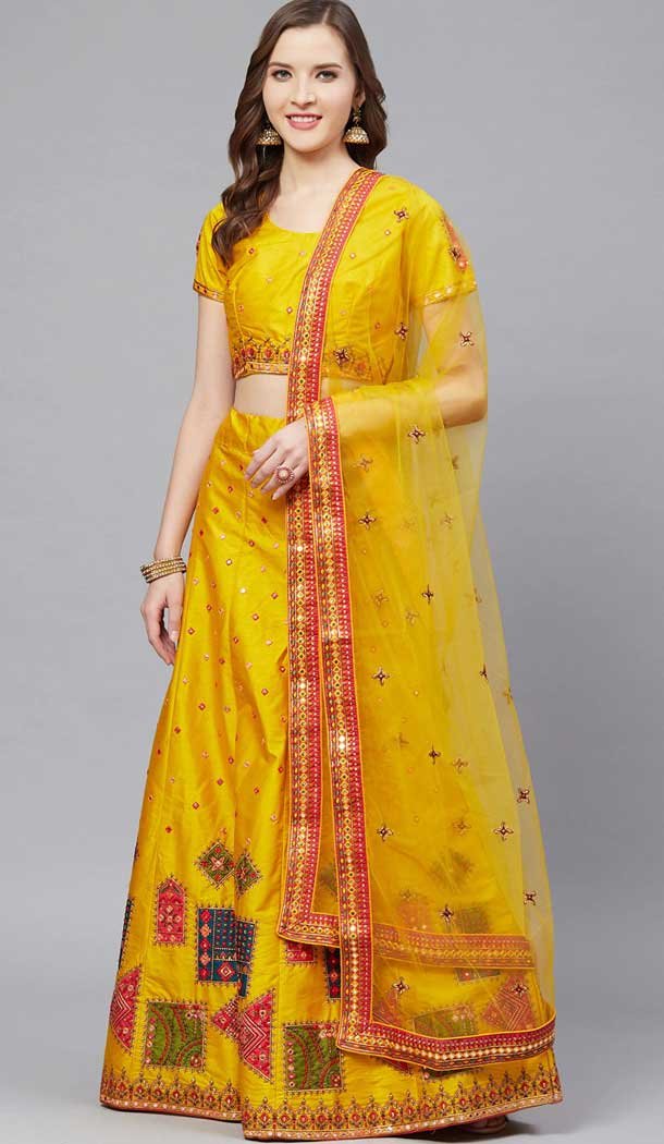 Elegance Mustard Color Silk Blend Embroidery Designer Party Wear Lehenga Choli -9238109452
