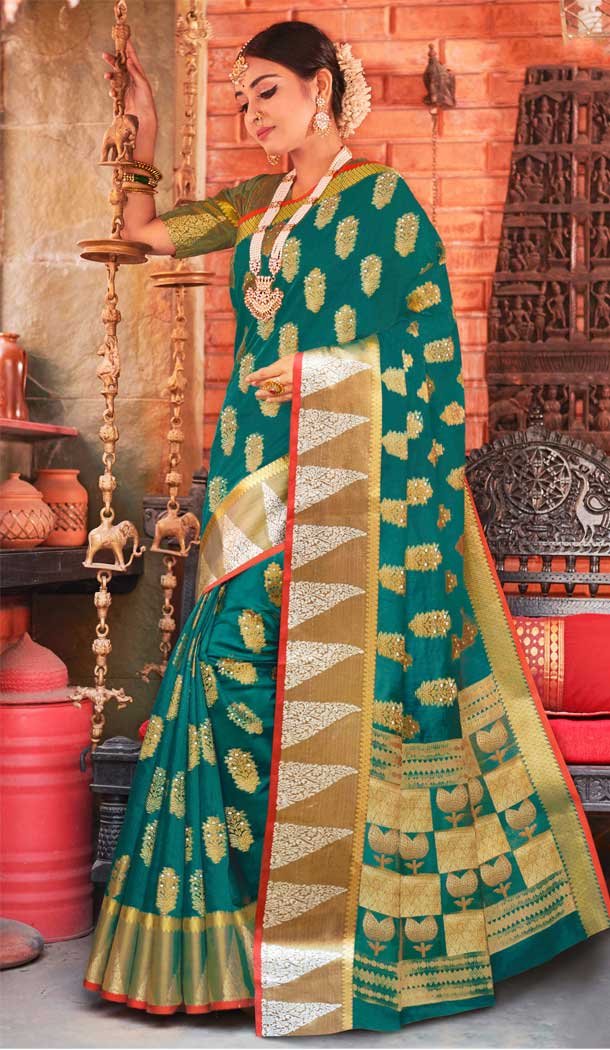 Rama Green Color Cotton Handloom Party Wear Women Saree Blouse -9240109467