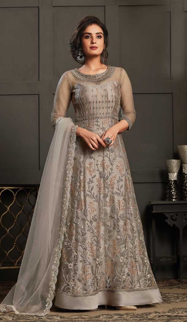 Grey Color Net Heavy Embroidery Designer Party Wear Salwar Kameez -9261109693