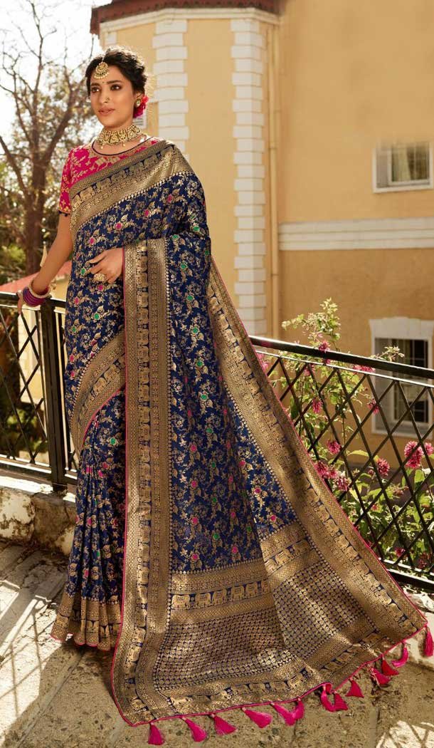 Navy Blue Color Pure Banarasi Silk Designer Classic Traditional Wear Saree -9304110077